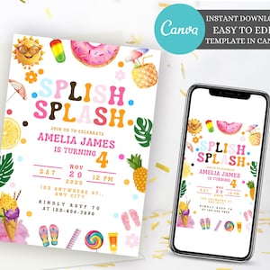 Invitación de cumpleaños editable de Splish Splash, invitación a la fiesta en la piscina, fiesta acuática en el tobogán acuático de verano, plantilla de invitación imprimible en color rosa
