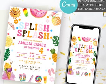 Editable Splish Splash Birthday Invitation, Pool Party invitation, Summer Waterslide Water Party Pink Download Printable Invite Template