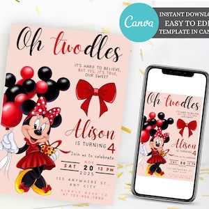 編集可能なOh TWOdlesミニーマウス誕生日招待状、女の子の誕生日招待状、かわいいマウスの2歳の誕生日招待状、Canvaですぐにダウンロード