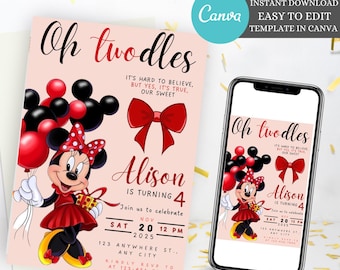 Editable Oh TWOdles Minnie Mouse Birthday Invitation, Girls Birthday Invitation, Cute Mouse Second Birthday Invite, Canva instant download