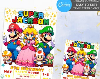 Mario Bros Birthday Invitation, Super Mario Bros Invite, Mario Bros invitation template digitally editable in canva, Mario Kid Game Invite