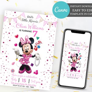 Invitation d’anniversaire Minnie modifiable, fête Minnie Mouse, invitation d’anniversaire filles, invitation à une fête Minnie, téléchargement instantané Canva