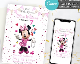 Editable Minnie Birthday Invitation, Minnie mouse party, Girls Birthday Invitation, Minnie Party Invitation, Canva instant download