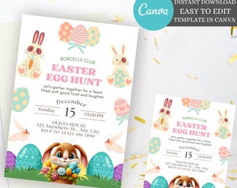 Easter Egg Hunt Invitation, Bunny Invitation, Easter Invitation, Easter Egg thank you tag, Easter Egg Editable Template, instant download