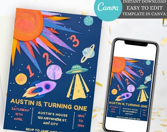 Outer Space Rocket Ship Birthday Party Invitation, Solar system birthday printable digital evite, Space themed invitation card, gift for him
