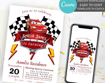 Editable Race Car Birthday Invitation, Any Age Racing Invitation, Race Flag Birthday Party Invite, Editable car racing Digital Canva Template