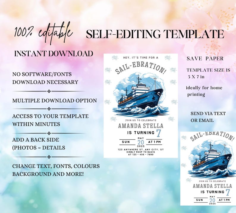 Editable Sail Boat Birthday Invitation, Ahoy Nautical Birthday Invitation, Sail-Ebration Party Invite, instant Blue boat birthday invitation
