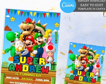 Editable Mario Bros Invitation, Video Game, Kid Invite, Editable Template, Editable Canva Super Brothers boy Invite, instant download