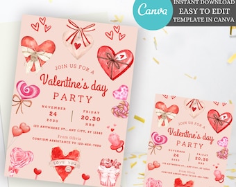 Editable valentine day party invitation, Valentines Girls Night Pink Valentines, printable friends valentine invite, party invitation card