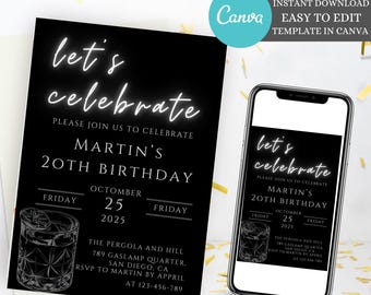 Editable Let's Celebrate Party Invitation Template, Surprise Birthday Party Invites, Anniversary Invites, Minimalist party invitation