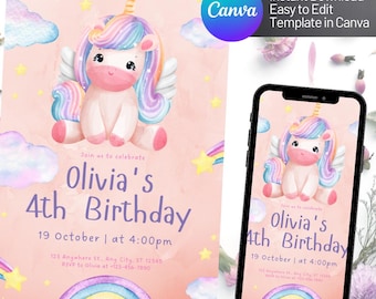 Unicorn Birthday Invitation, Unicorn Invitation, Rainbow Unicorn Birthday Invite, Pastel Unicorn Invitation Printable 3rd 4th 5th 6th 7th,