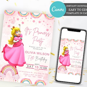 EDITABLE| Princess Peach Birthday Invitation Template, printable Princess party Peach Birthday Invitation, Editable Canvas Template Invite.