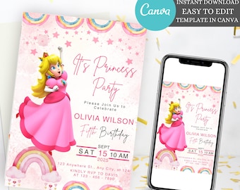 EDITABLE| Princess Peach Birthday Invitation Template, printable Princess party Peach Birthday Invitation, Editable Canvas Template Invite.