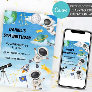 Könnte beinhalten: Eine blaue und weiße druckbare Einladung mit Weltraum-Motiv. Die Einladung zeigt einen Comic-Astronauten, Planeten, Sterne und ein Teleskop. Der Text auf der Einladung lautet: "Daniel's 5th Birthday, November 05, 3:00 PM, 123, Anywhere St, Any City, RSVP, +123-456-7890".