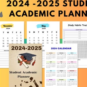 Könnte beinhalten: Ein Studenten-Studienplaner mit einem Design aus einer Abschluss-Kappe und einem Diplom. Der Planer enthält Monatskalender für November 2024 und Mai 2025, einen Kalender für 2024 und einen Tracker für Lerngewohnheiten.
