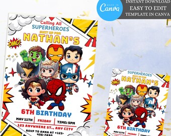 Editable Superhero Birthday Invitation, Superheroes Digital Invitation, Hero Superheroes Editable Invitation, avenger edit Instant Download