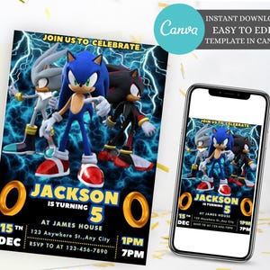 Modèle d’invitation d’anniversaire Sonic modifiable, invitation à la fête d’anniversaire Sonic, Knuckle et Tails, invitation à la fête Super Sonic Boys, invitation pour enfants