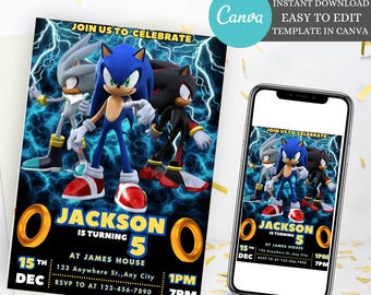 Editable Sonic Birthday Invitation Template, Sonic, Knuckle and Tails Birthday Party Invite, Super Sonic Boys Party Invite, Kids Invite