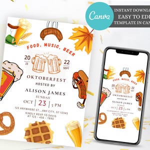 Könnte beinhalten: Eine bearbeitbare digitale Einladung zu einer Oktoberfest-Party. Die Einladung zeigt eine Cartoon-Illustration von Bierkrügen, Brezeln, einem Hotdog und einer Waffel. Der Text auf der Einladung lautet "Food, Music, Beer", "Oktoberfest", "Hosted by Alison James", "Sunday, Oct 23, 5 PM", "123 Anywhere St., Any City, ST 12345", "Kindly RSVP to Davis at 123-456-7890".