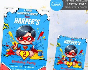 Superheroes Birthday Digital Invitation, Editable canva superhero Digital Invitation Template, super hero invitation card instant download,
