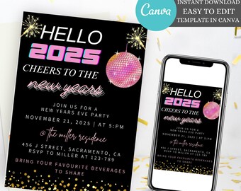 Editable New Year Eve 2025 Invitation, Black and Gold NYE Dinner, New Year’s Eve Celebration, instant party canva download invite template