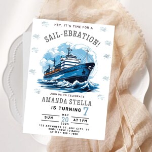 Editable Sail Boat Birthday Invitation, Ahoy Nautical Birthday Invitation, Sail-Ebration Party Invite, instant Blue boat birthday invitation
