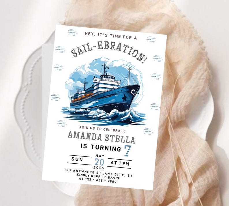 Editable Sail Boat Birthday Invitation, Ahoy Nautical Birthday Invitation, Sail-Ebration Party Invite, instant Blue boat birthday invitation
