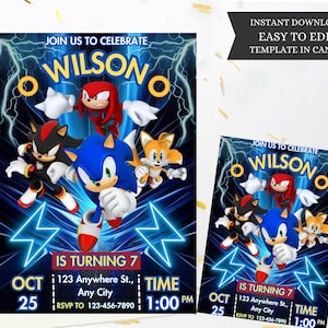 Editable Sonic Birthday Invitation Template, Sonic, Knuckle and Tails Birthday Party Invite, Super Sonic Boys Party Invite, Kids Invite