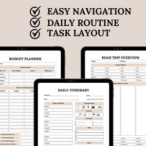 Könnte beinhalten: Digitale Planervorlagen auf Tablets. Die Bildschirme zeigen einen Budgetplaner, eine Tagesroute und eine Roadtrip-Übersicht. Der Text enthält "Einfache Navigation", "Tägliche Routine" und "Aufgabenlayout".