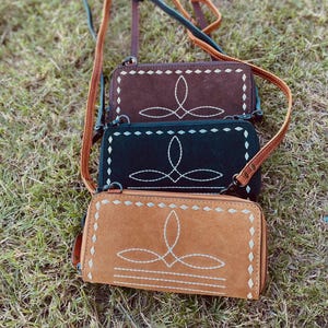 Boot Stitch Suede Leather Crossbody Wallet