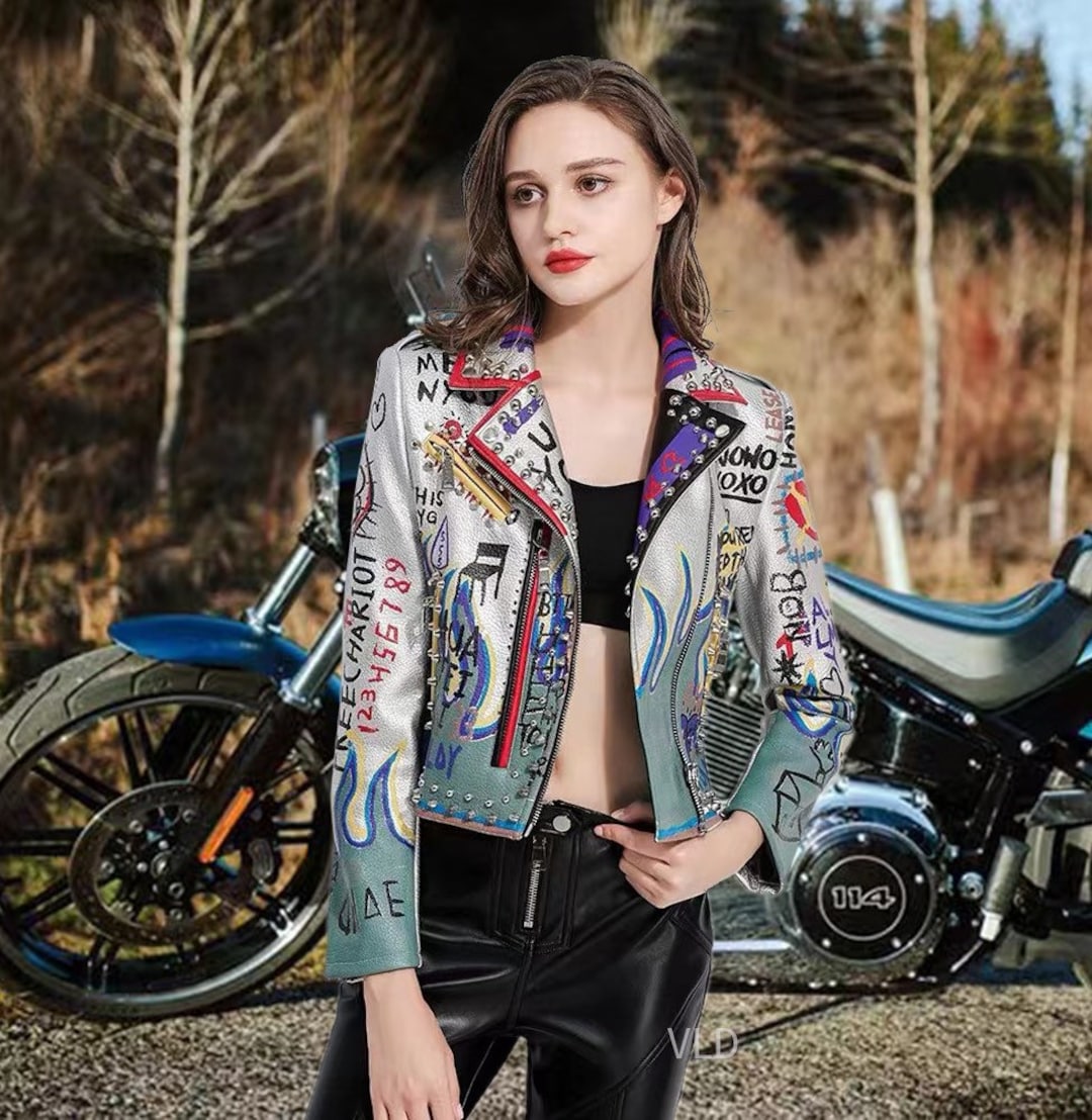 Graffiti Art Printed Womens Biker Faux Leather Rivet Jacket 