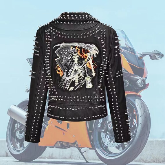Mens Biker Jacket Silver Motorcycle Slim Fit Goth Punk Moto Leather Jacket