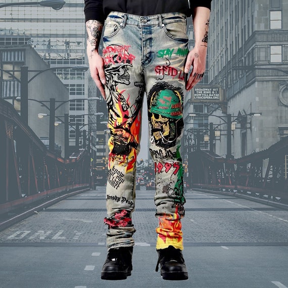 Patchworked Portrait Denim Pants - Men - Ready-to-Wear