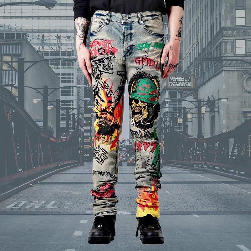 Mens Punk Vintaged Skull Graffiti Print Ripped Denim Jeans 