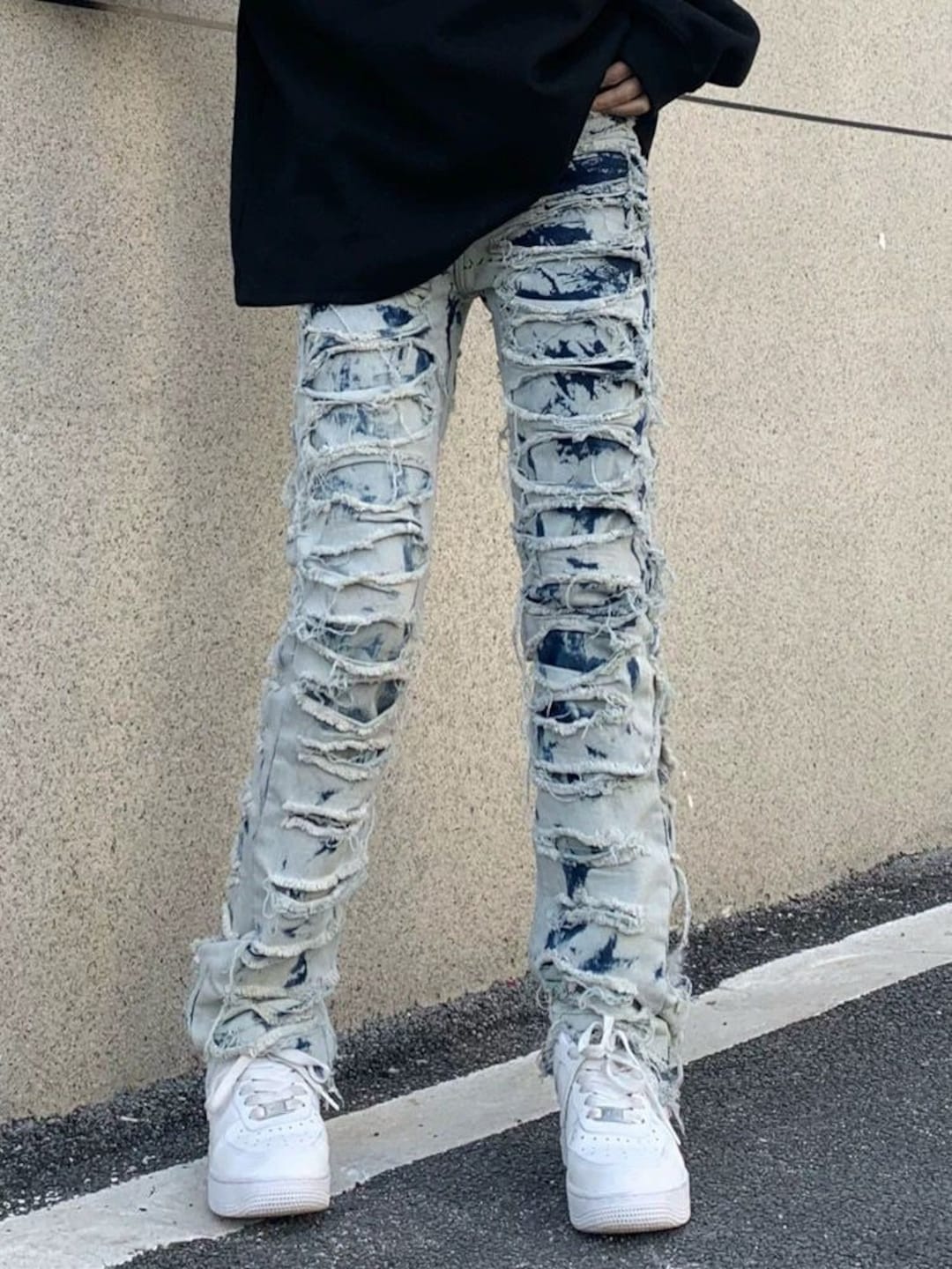 graffiti print jeans high Street Jeans Men Black Stretch Slim Fit