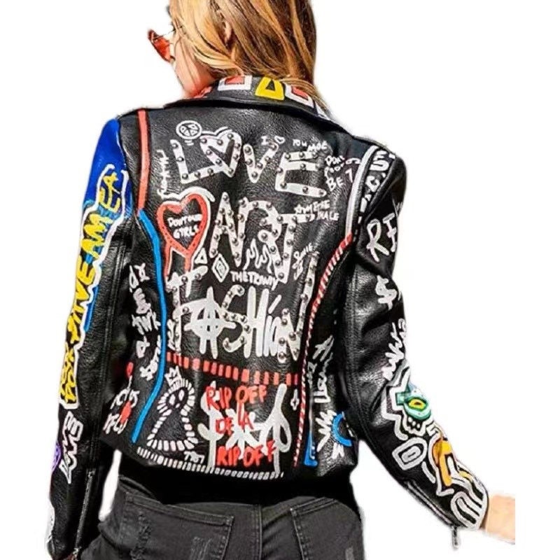 Graffiti Printed Biker Jacket