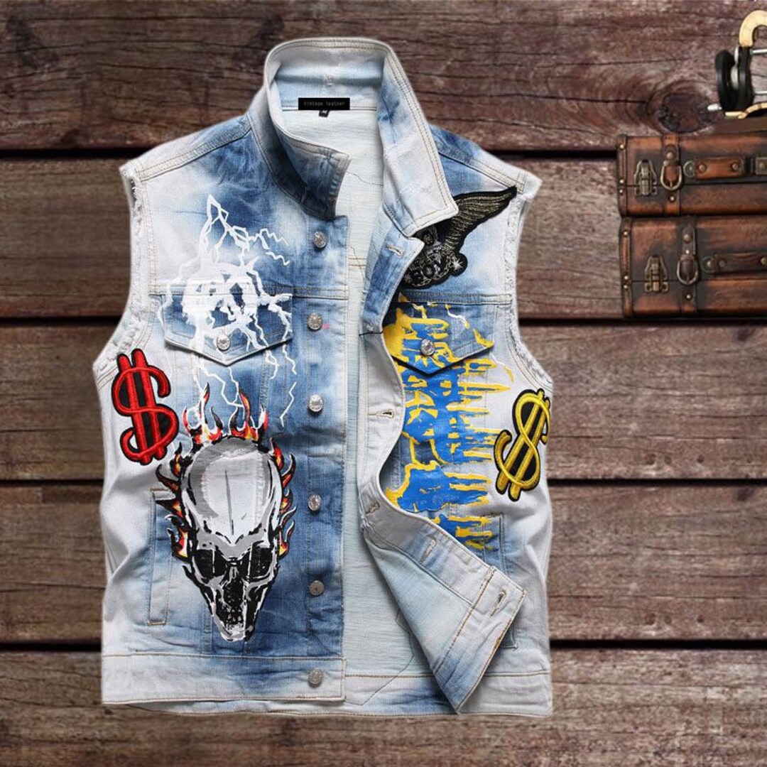 Mens Punk Vests Blue Skull Embroidery Denim Waistcoat Relaxed Etsy