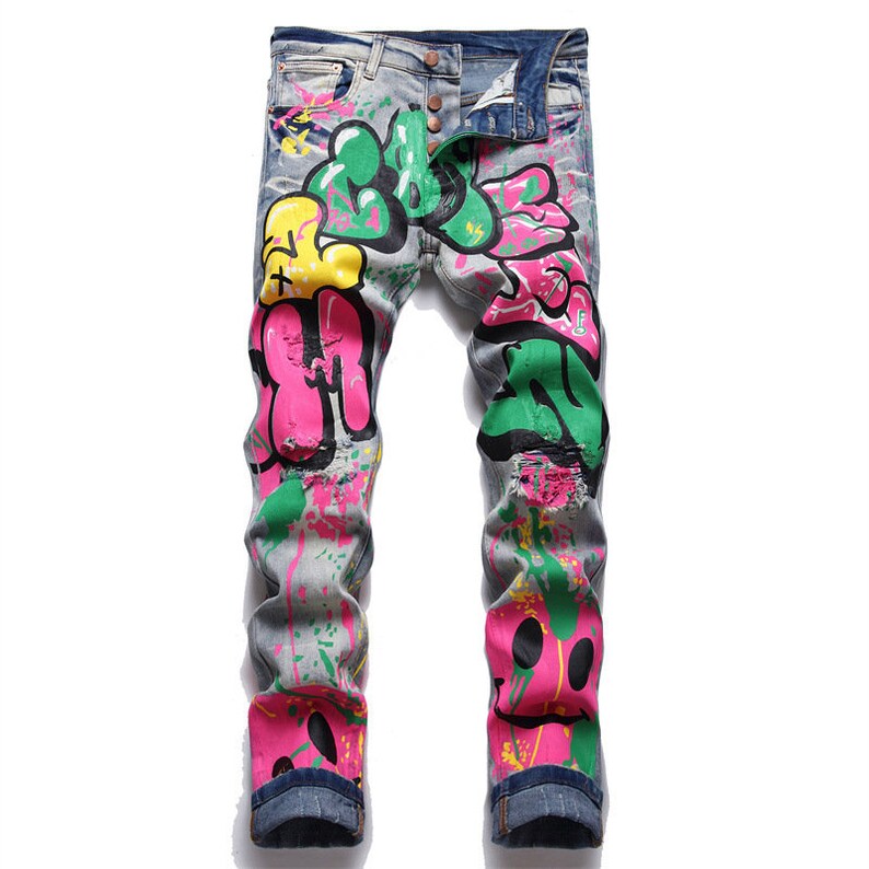 Vintaged Mens Graffiti Painted Streetwear Ripped Denim Jeans - Etsy