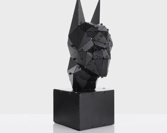 Modern Bat Man Metal Desktop Sculpture - 3D Bat Man Art Decor, Bat Man Helmet Desk Mount, Unique Metal Desktop Decor Piece