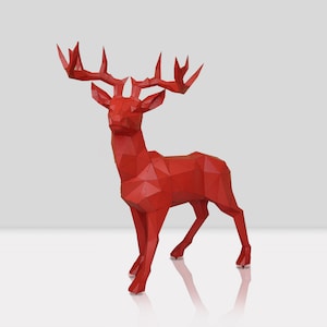 Modern Red Geometric Deer Metal Standing Red Deer Sculpture - 3D Animal Garden Art Decor, Red Deer Statue for Outdoor Indoor