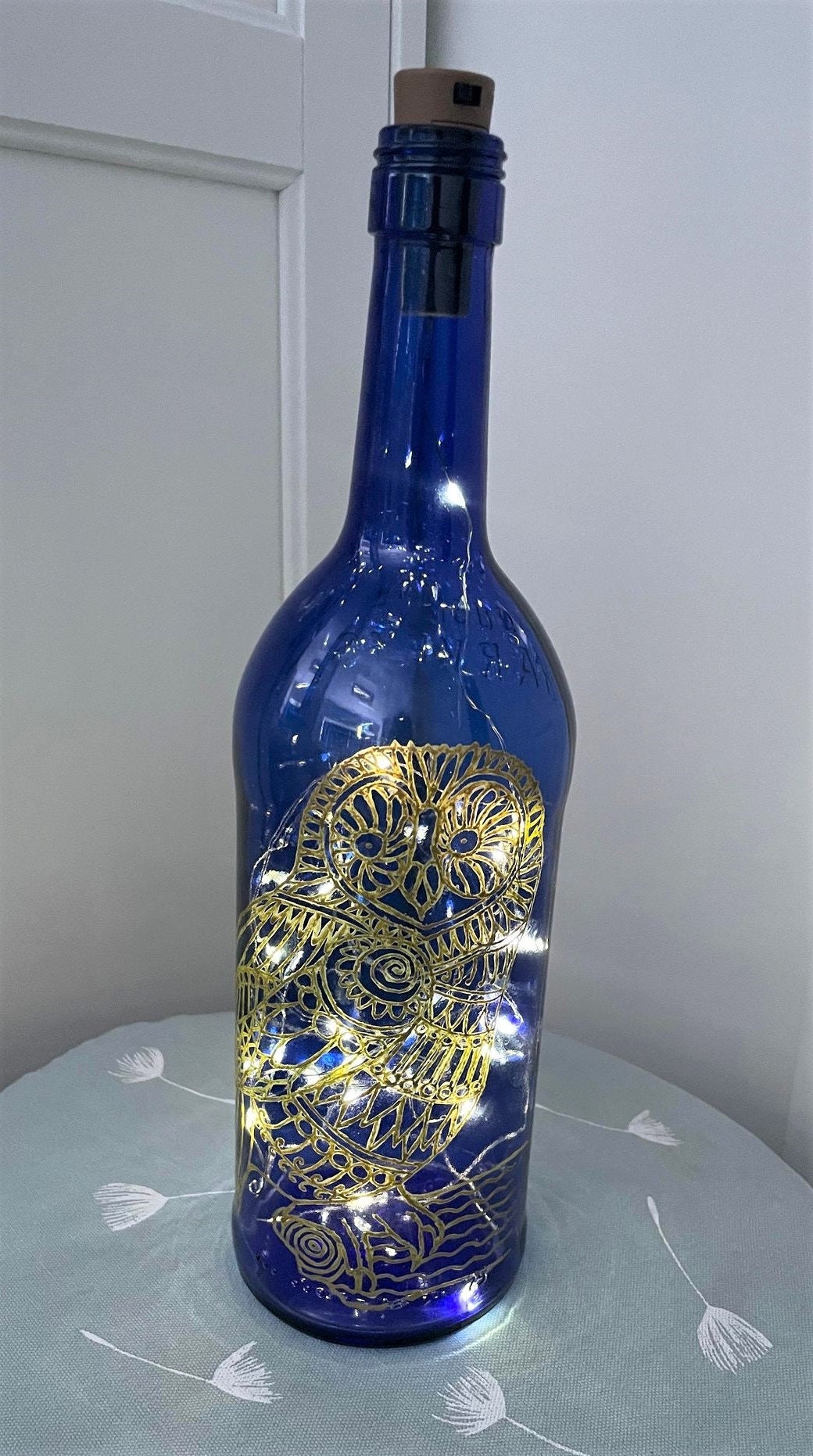 Light up Hand Painted Owl on Glass Upcycled Empty Blue Bottle