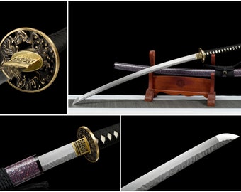 Damascus Steel Katana Handcrafted Japanese Samurai Sword with Purple Scabbard Metal Samurai Sword Samurai Sword Gift