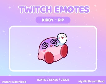 May include: Pink and purple Kirby character with a swirling pattern on its face, with a white ghost with a smiling face on top of it. The text "KIRBY - RIP" is above the image.