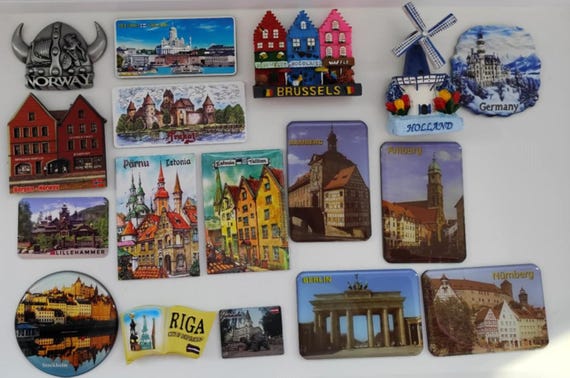 Lithuanian, Latvian, Estonian, Finnish, Scandinavian, German magnets. Tallinn, Riga, Helsinki,  Stockholm, Bergen, Berlin, Nürnberg,Brussels