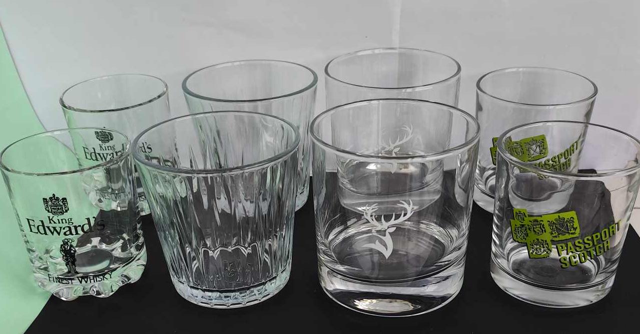 Sets of 2 Scotch whiskey rock glasses. JB, Glenfiddich, Passport, King Edward's Scotch whiskey collectible glasses. Vintage whiskey glasses.