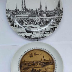 German 9&quot; large wall plates. Lübeck porcelain wall plate. Hanover porcelain wall plate. Vintage German souvenir. Collectible wall décor.