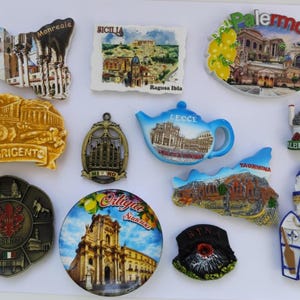 Italian fridge magnets. Souvenirs from Genoa, Milan, Florence, Alberobello, Lecce, Palermo, Etna, Ragusa Ibla, Monreale, Agrigento, Taormina