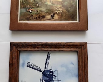 Vintage ROYAL MOSA Holland porcelain wall hanging tiles. Delft blue ceramic wood framed art tile of "Countryside”. Dutch souvenir.