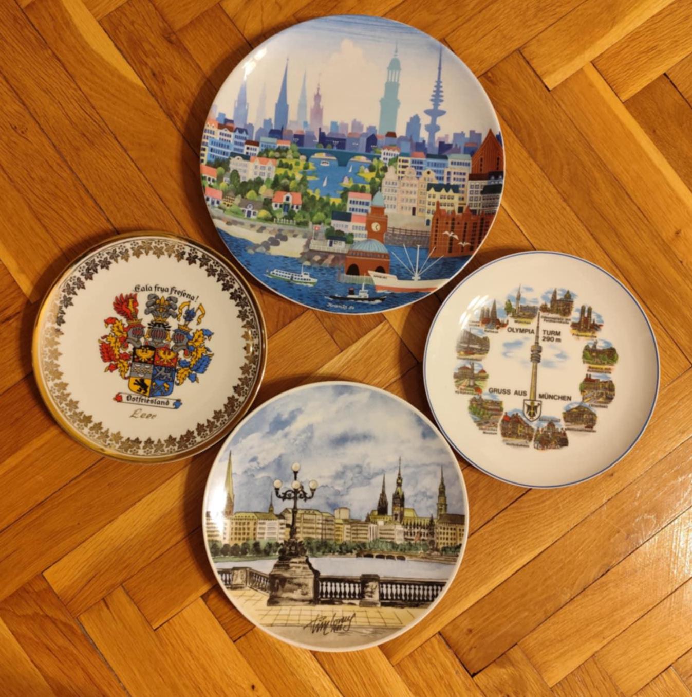 Vintage German souvenirs. 8" Munich, Leer, Hans-Joachim Krantz's 10" Hamburg, Tim Loveng's 8" Hamburg porcelain wall plates. Art wall decor