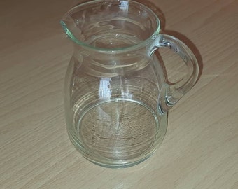 Vintage clear glass pitcher with attached handle. Vintage glass decanter. Water jug. Wine pitcher. Retro gift. Rustic kitchen decor.